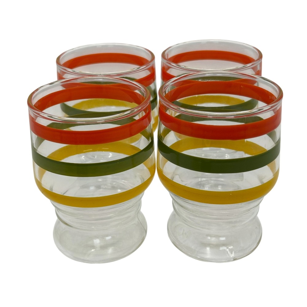 Vintage Hazel Atlas Juice Glasses Retro Orange Green Yellow Stripe Set of 4 70's